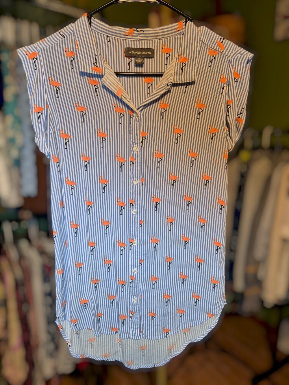 Blue Striped Sleeveless Button-Down Shirt with Pink Flamingo Print - Picture 6 of 6